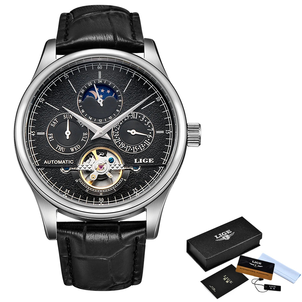 LIGE LG6826 Mens Watches Automatic Mechanical Watch Tourbillon Clock Leather Brown Casual Business Watches Men with Gift Box