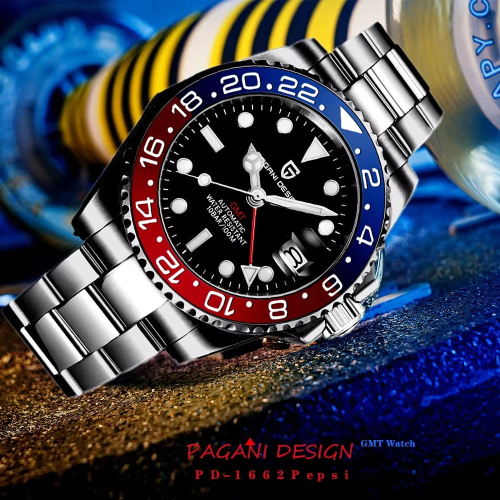 PAGANI 1662 GMT Men Mechanical Watches Sapphire Glass GMT Watches 100M Waterproof All Stainless Steel Automatic Men Watch