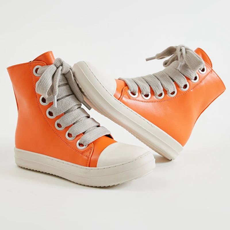 Fast Shipping Round Toe High Top Board Sneakers Black Leather Casual Winter Shoes Women Zip Ankle Lace up Motorcycle Boots