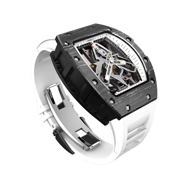 44mm Skeleton Mechanical Men's Watch-Tonneau Carbon Fiber Case 20mm White Rubber Strap 3BAR Water Resistant Sapphire Crystal