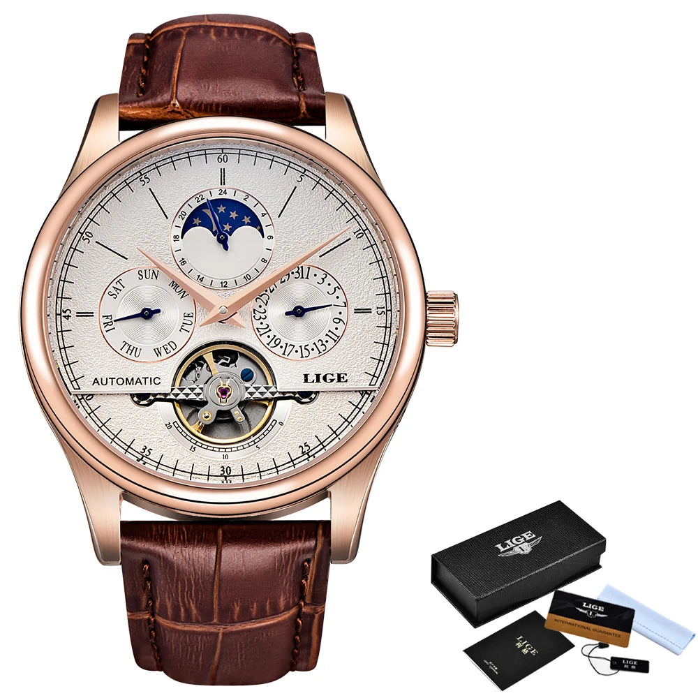 LIGE LG6826 Mens Watches Automatic Mechanical Watch Tourbillon Clock Leather Brown Casual Business Watches Men with Gift Box