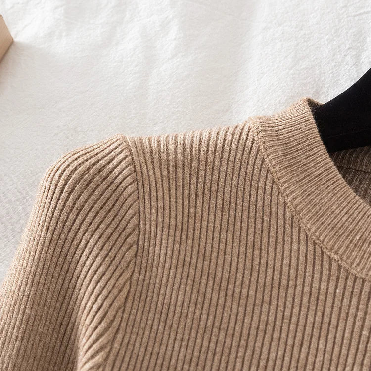 2026 women thick sweater pullovers khaki casual autumn winter button o-neck chic sweater female slim knit top soft jumper tops