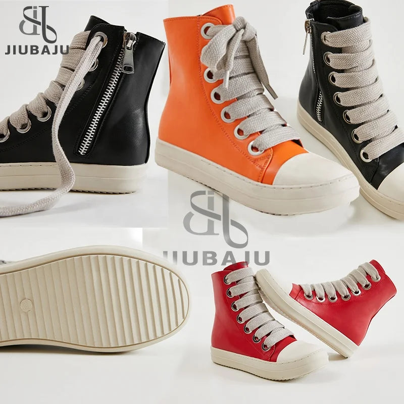 Fast Shipping Round Toe High Top Board Sneakers Black Leather Casual Winter Shoes Women Zip Ankle Lace up Motorcycle Boots