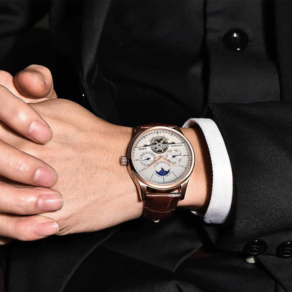 LIGE LG6826 Mens Watches Automatic Mechanical Watch Tourbillon Clock Leather Brown Casual Business Watches Men with Gift Box