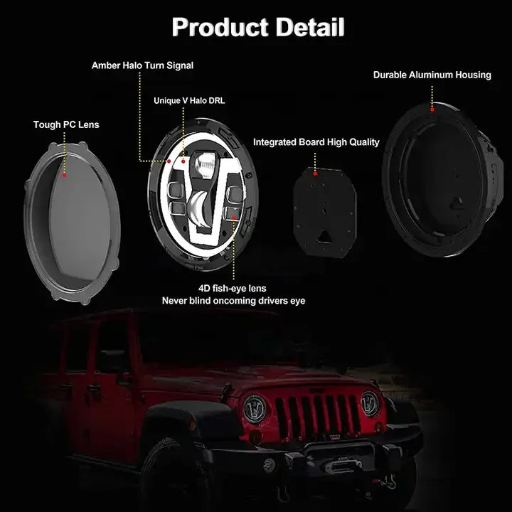 OVOVS Car Accessories 50W 7 Inch Led Headlights with V Shape DRL Turn Signal High Low Beam for Jeep Wrangler JK