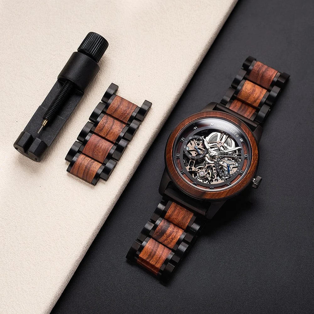 Premium Skeleton Wooden Mechanical Watch Personalized Automatic Timepiece Handmade Wood and Steel Wristwatch for Men's Gift