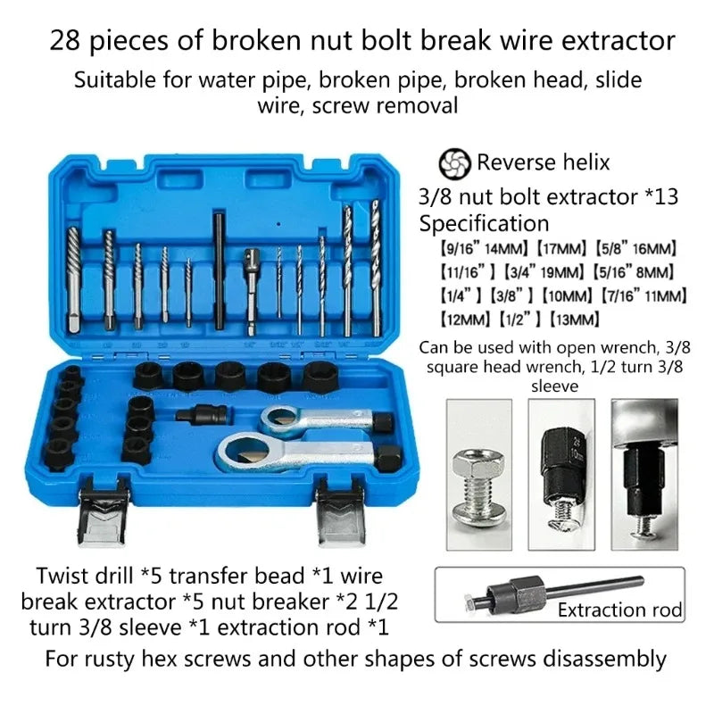 29pc Bolt Extractor Kit Screw Extractor Set  Nut Bolt Removal Tools With Drill Bit Adapter for Automotive Mechanical