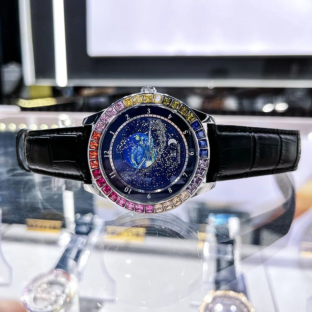 AOKULASIC Business Mechanical Watch for Men with Luminous Starry Rotating Dial Colored Diamonds
