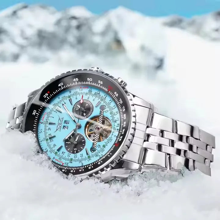 Jaragar Mens Automatic Mechanical Watch Fashion Tourbillon Blue Dial Date Display Stainless Steel Strap Sport Watches Men