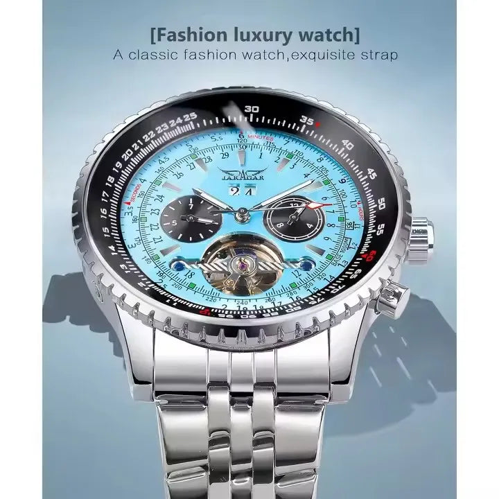 Jaragar Mens Automatic Mechanical Watch Fashion Tourbillon Blue Dial Date Display Stainless Steel Strap Sport Watches Men