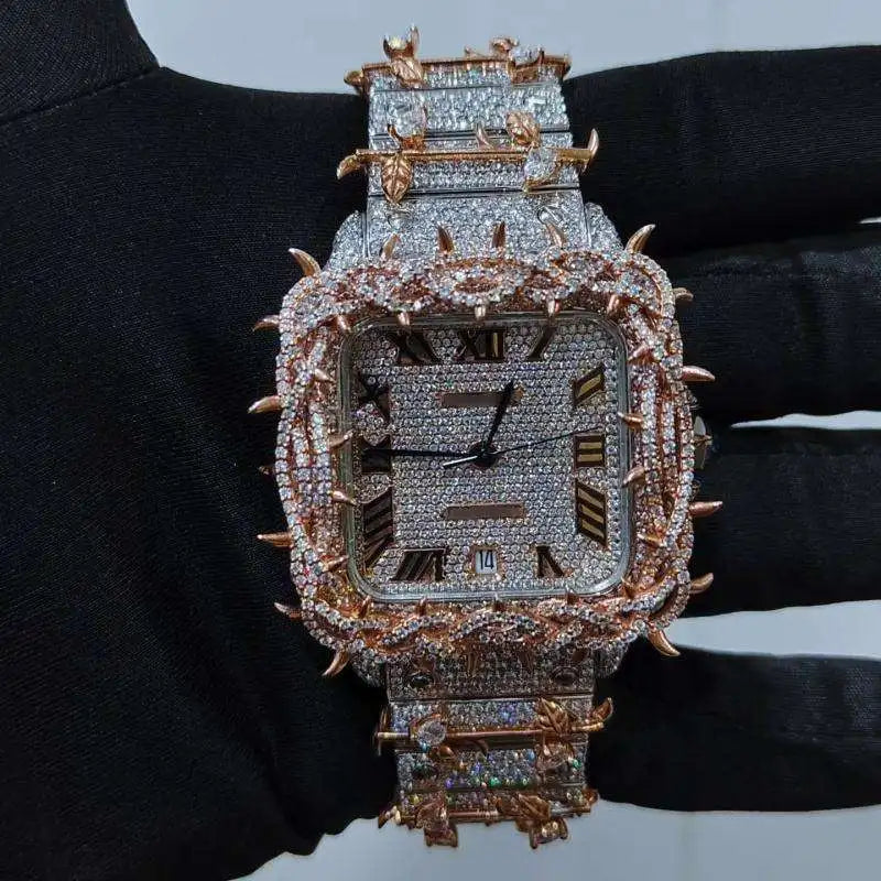 Stunning Shine Mechanical Moissanite Diamond Watch Fully Iced Face Sapphire Crystal Square Case Stainless Steel Band 5BAR Water