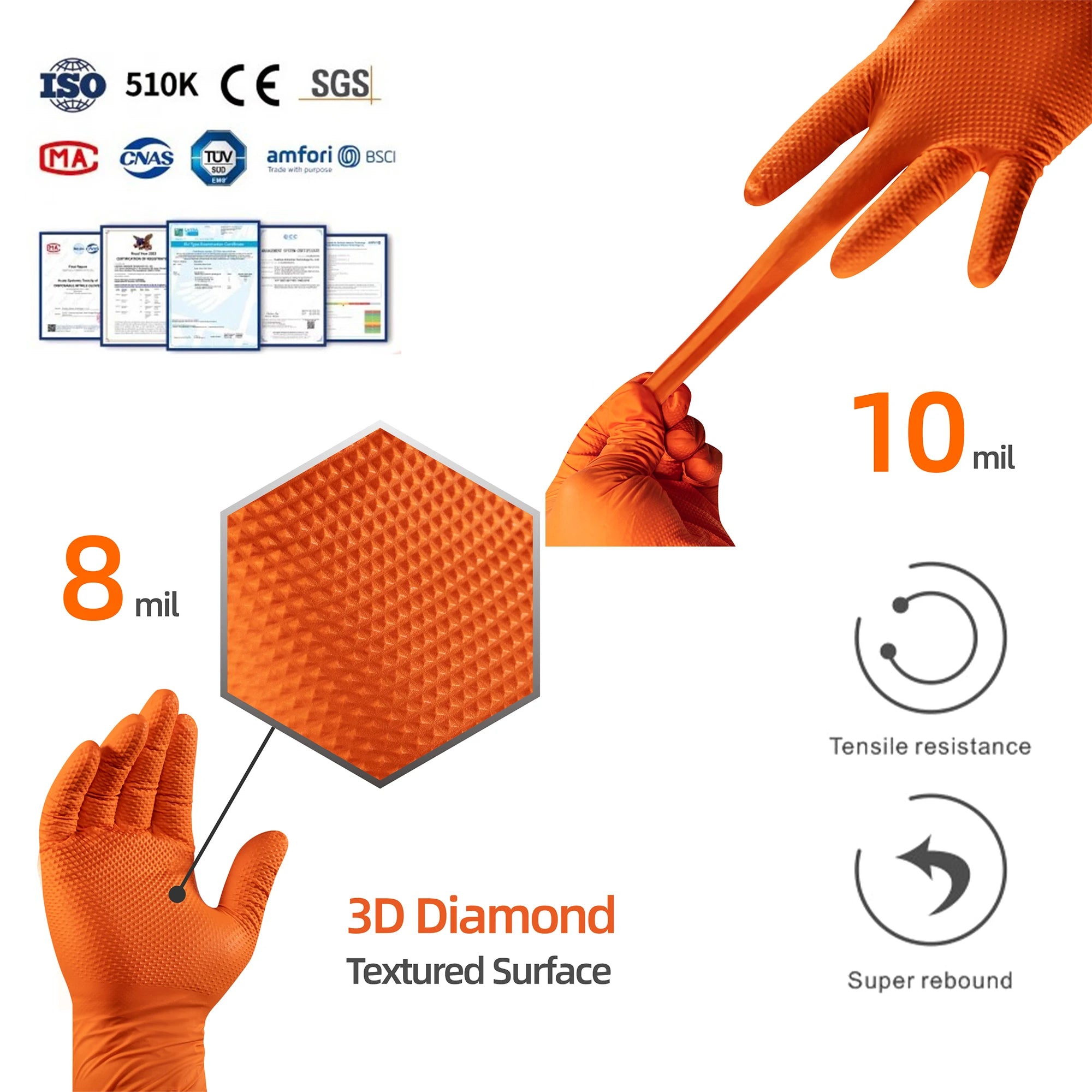 Anboson 10mil Orange Disposable Diamond Textured Nitrile Gloves Guantes De Nitrilo Industrial Heavy Duty for Mechanics