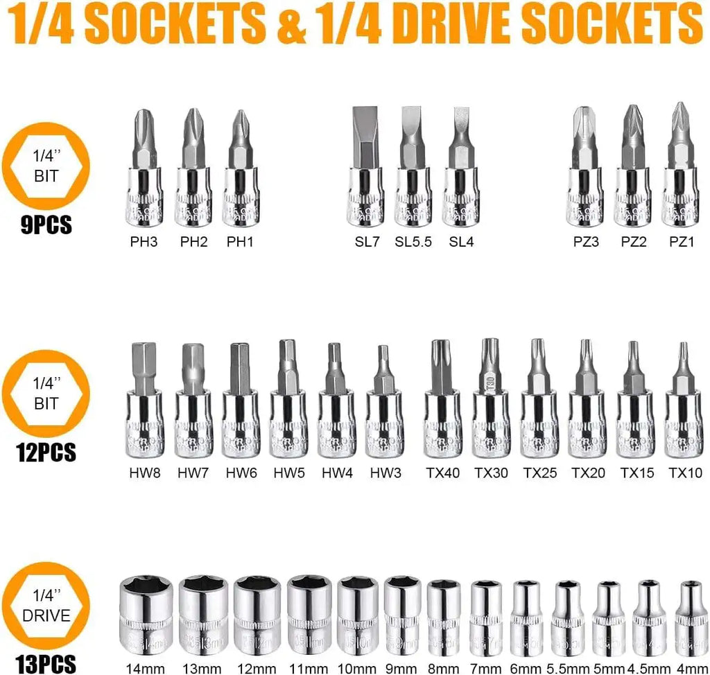 46PCS Master Mechanic Tool Kit with 3/8" Ratchet, SAE/Metric Sockets, Torx/Hex Bits, Extension Bars - Professional Grade -001