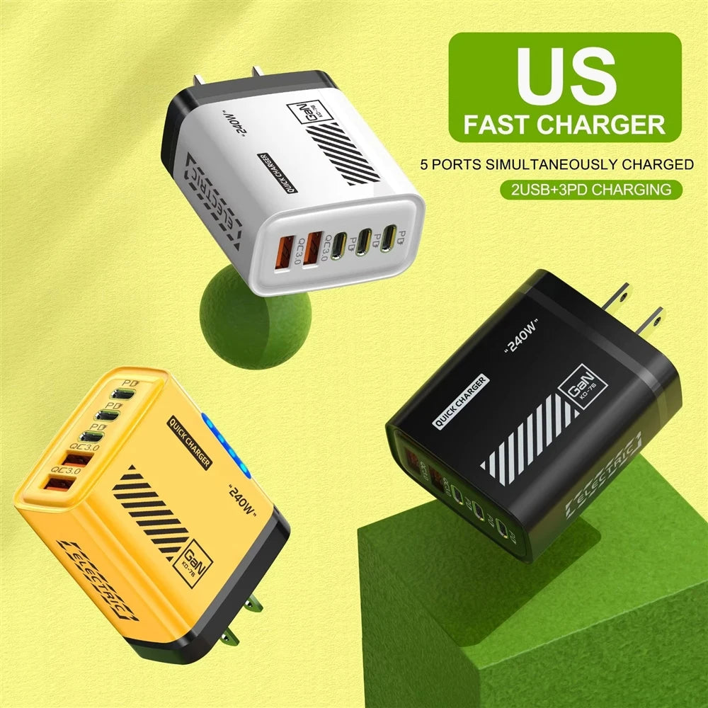 PD240W Mechanic Intelligent Charging Plug 3 Type-C + Dual USB Multi-Port Adapter Mobile Phone Fast Charger