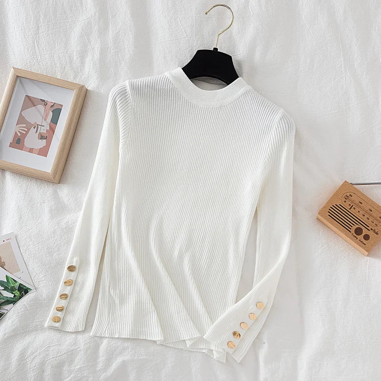 2026 women thick sweater pullovers khaki casual autumn winter button o-neck chic sweater female slim knit top soft jumper tops