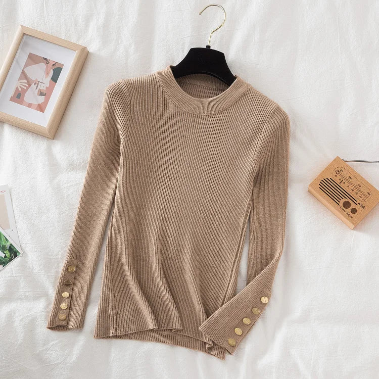 2026 women thick sweater pullovers khaki casual autumn winter button o-neck chic sweater female slim knit top soft jumper tops