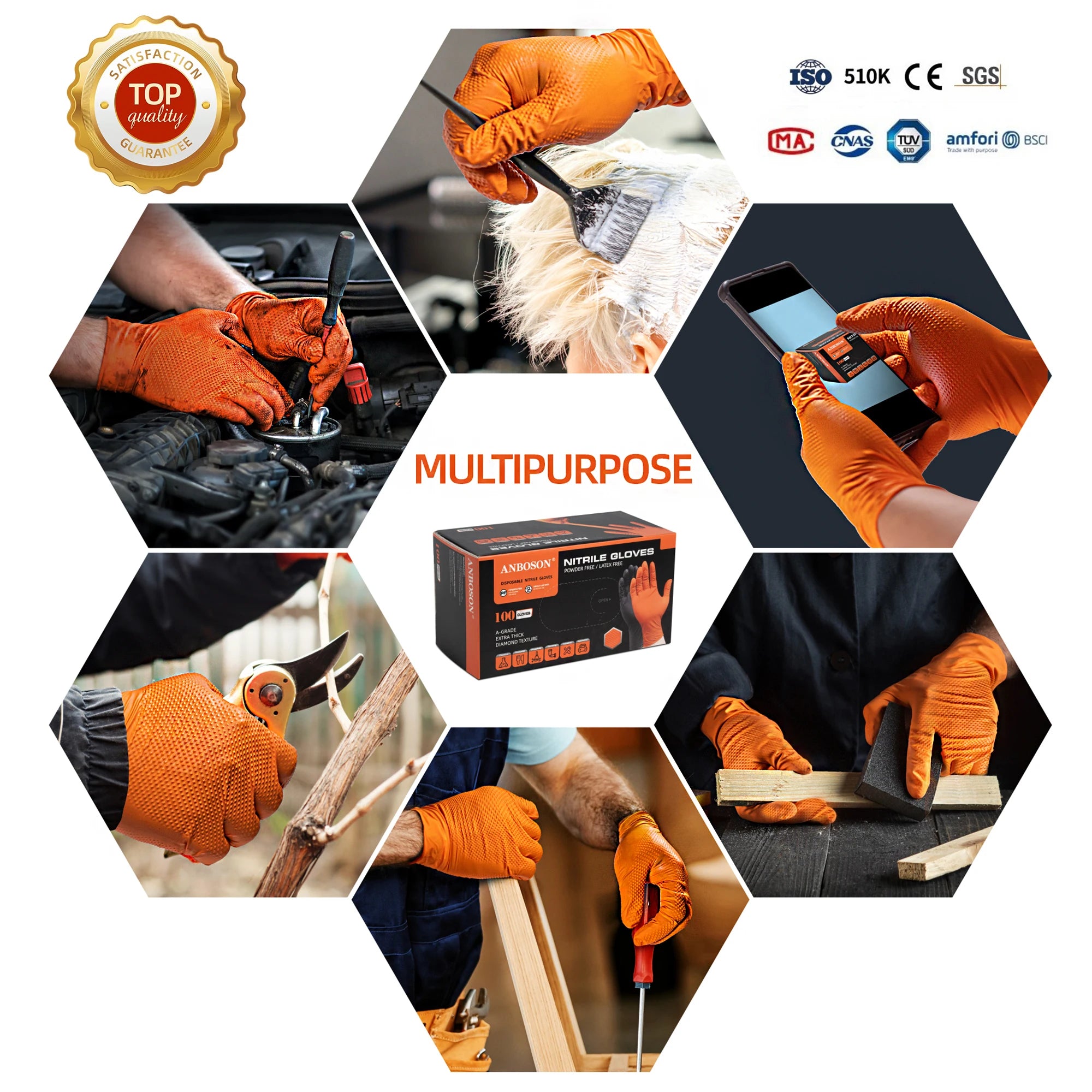Anboson 10mil Orange Disposable Diamond Textured Nitrile Gloves Guantes De Nitrilo Industrial Heavy Duty for Mechanics