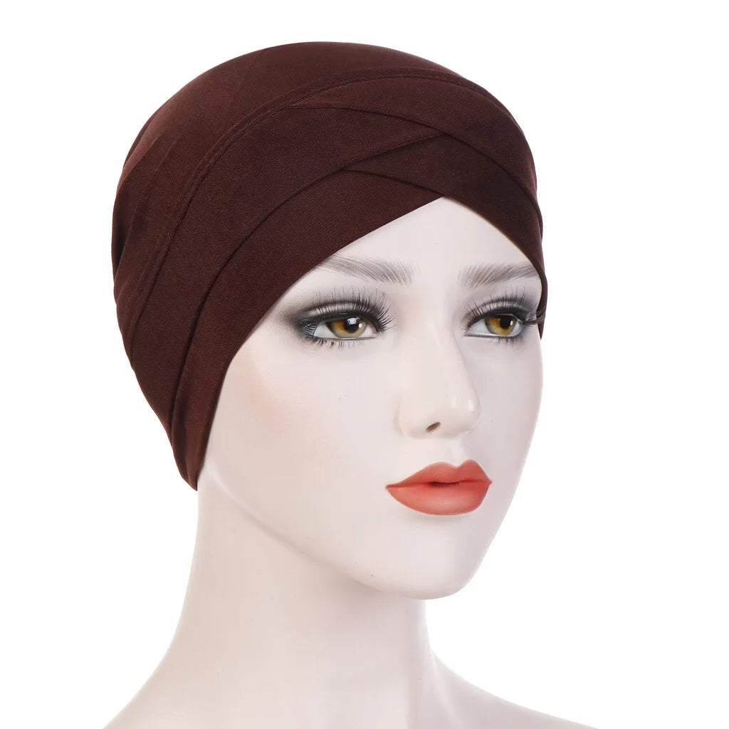 H117 Forehead criss Cross Muslim Turban Pure Color Stretch Inner Hijabs For Caps Ready To Wear Women Head Scarf Under Bonnet