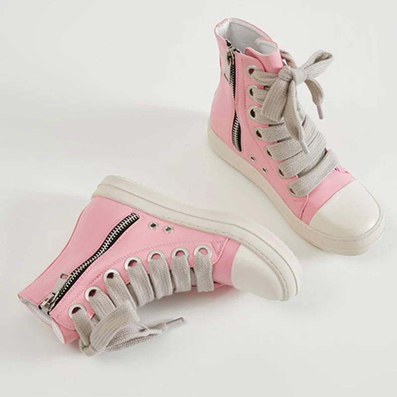 Fast Shipping Round Toe High Top Board Sneakers Black Leather Casual Winter Shoes Women Zip Ankle Lace up Motorcycle Boots