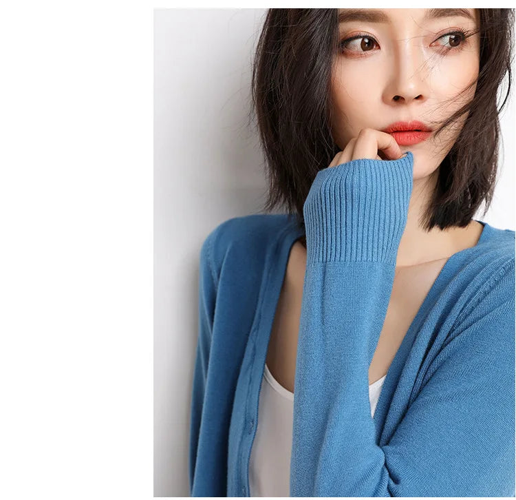2025 Women Cardigans Long Sleeve Knitted Outerwear Solid Thin Spring Autumn Sweaters V-neck Knitwears Korean Fashion Cardigans