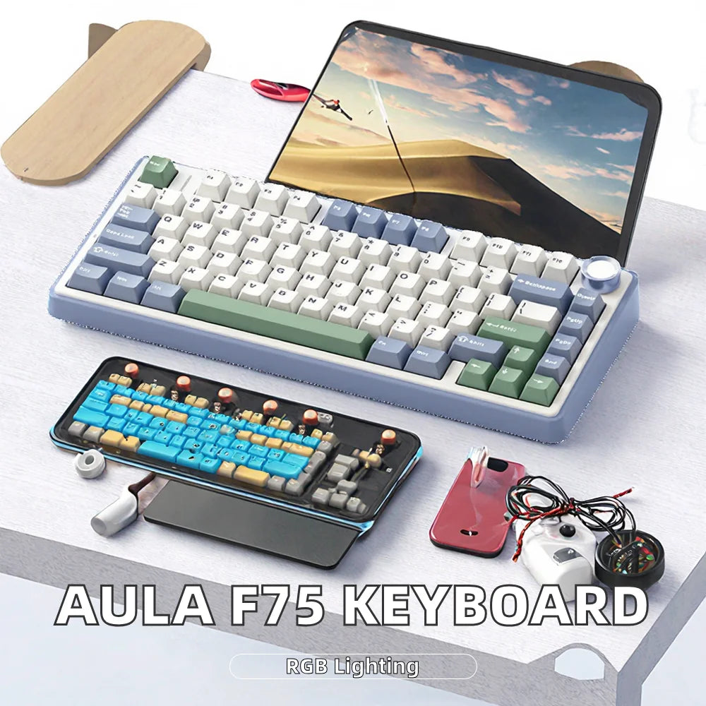 F75 RGB LED 75% Wired 2.4G Wireless Gaming Keyboard OEM Logo Custom PBT Mechanical Switch Kailh New for PC Desktop Users