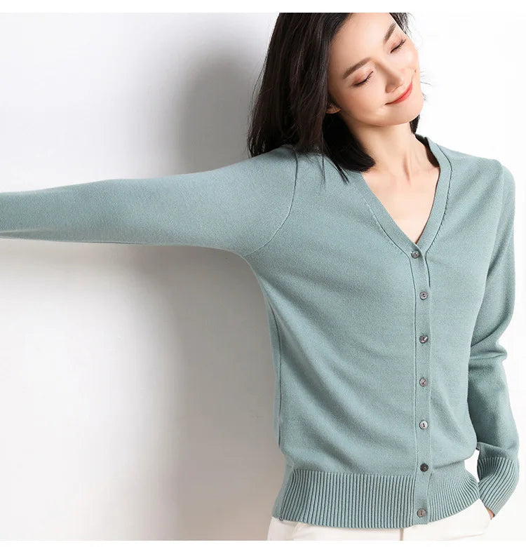 2025 Women Cardigans Long Sleeve Knitted Outerwear Solid Thin Spring Autumn Sweaters V-neck Knitwears Korean Fashion Cardigans