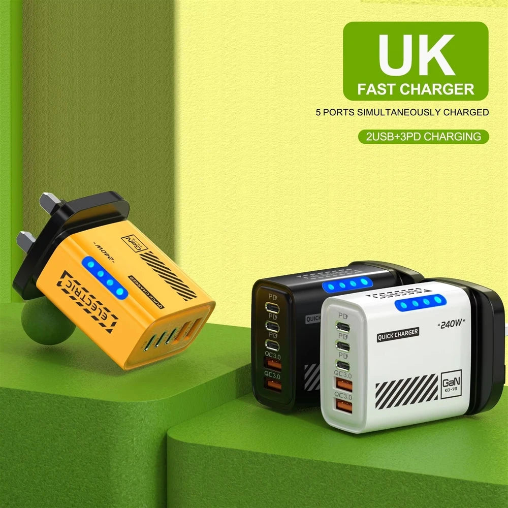 PD240W Mechanic Intelligent Charging Plug 3 Type-C + Dual USB Multi-Port Adapter Mobile Phone Fast Charger