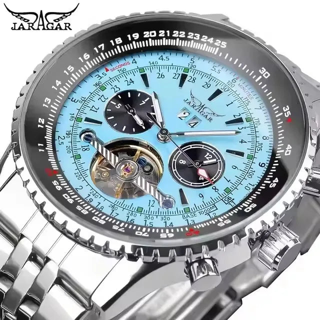 Jaragar Mens Automatic Mechanical Watch Fashion Tourbillon Blue Dial Date Display Stainless Steel Strap Sport Watches Men