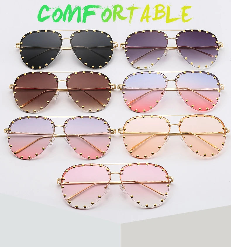 2022 High Gafas Designer Quality Unisex Metal Sunglass Glasses Luxury Branded Aviation Sunglasses studded Large-frame Sunglasses