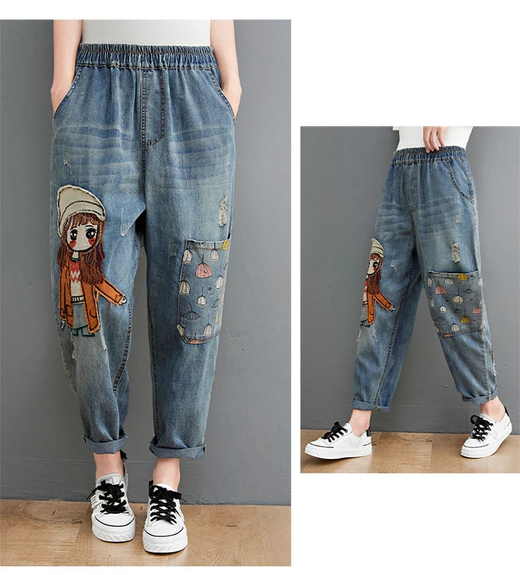 6537 Cartoon Litter Girl Embroidery Denim Pants For Women Trendy Hole Casual High Waist Breeches Pockets Mom Harem Blue Jeans