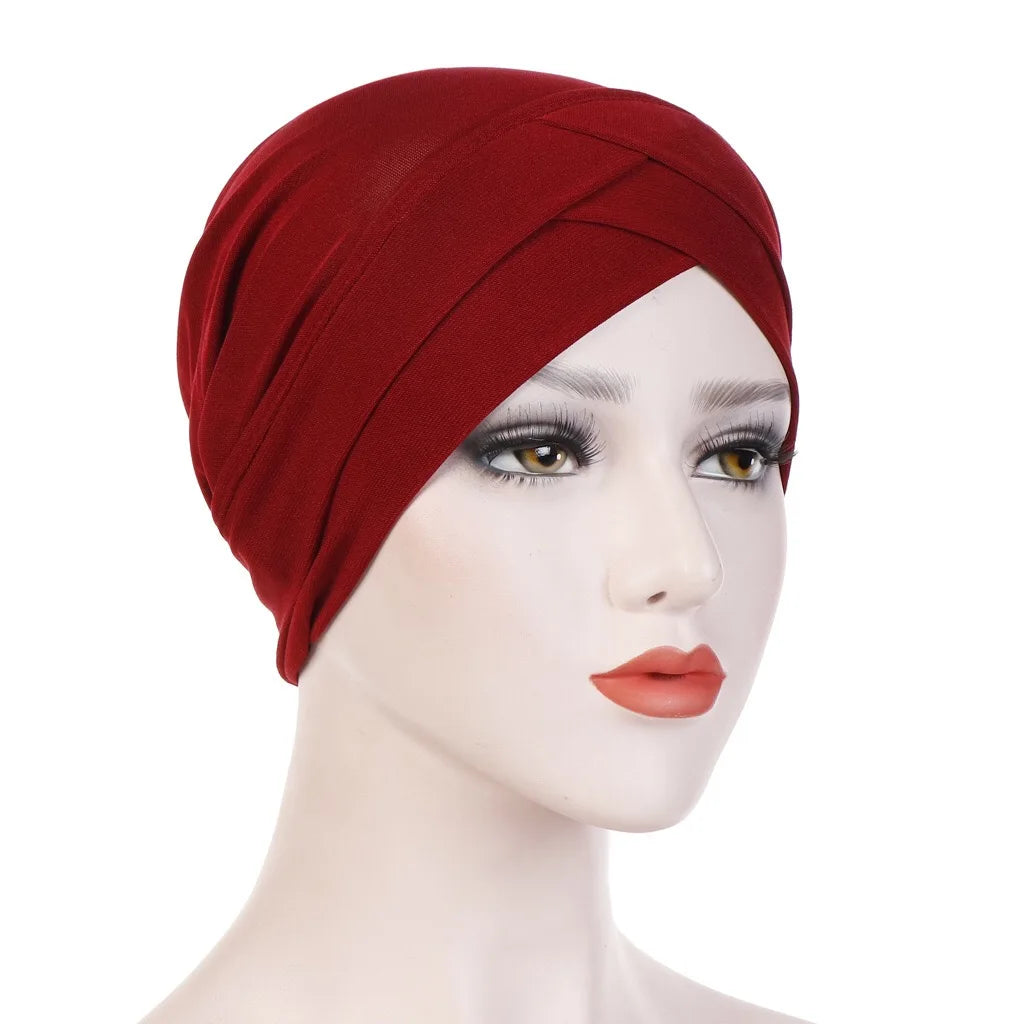 H117 Forehead criss Cross Muslim Turban Pure Color Stretch Inner Hijabs For Caps Ready To Wear Women Head Scarf Under Bonnet