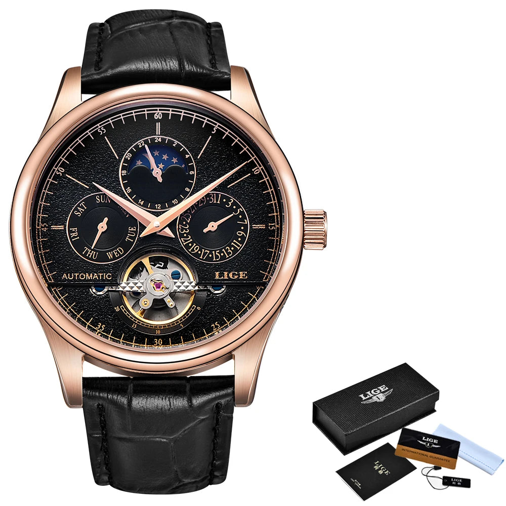 LIGE LG6826 Mens Watches Automatic Mechanical Watch Tourbillon Clock Leather Brown Casual Business Watches Men with Gift Box