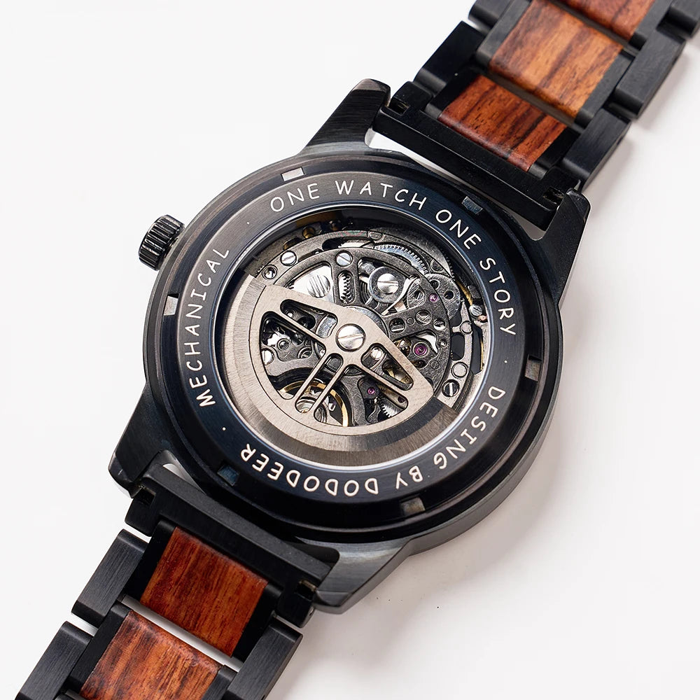 Premium Skeleton Wooden Mechanical Watch Personalized Automatic Timepiece Handmade Wood and Steel Wristwatch for Men's Gift