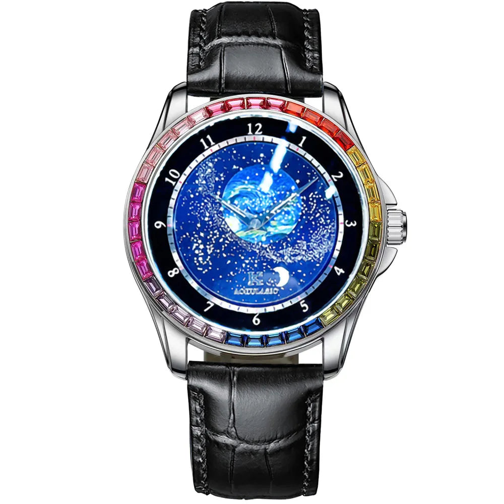 AOKULASIC Business Mechanical Watch for Men with Luminous Starry Rotating Dial Colored Diamonds