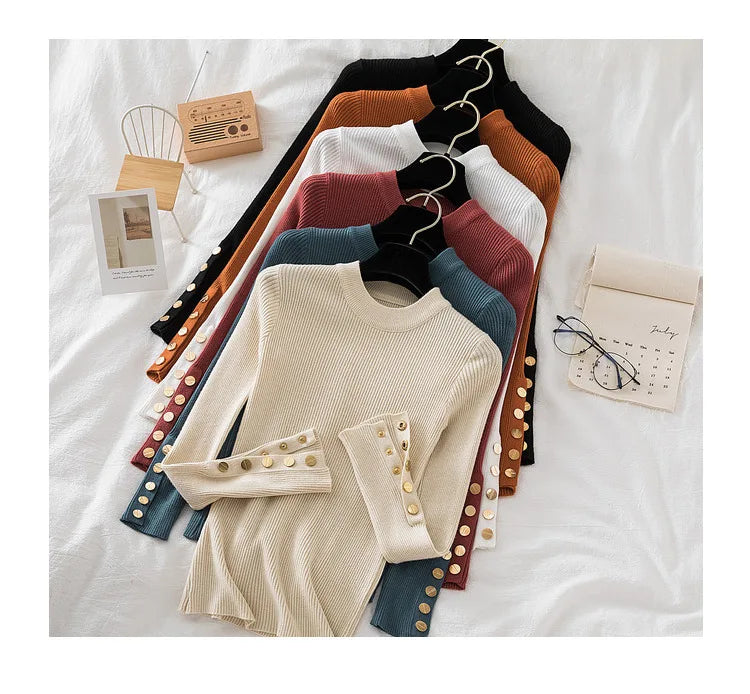 2026 women thick sweater pullovers khaki casual autumn winter button o-neck chic sweater female slim knit top soft jumper tops