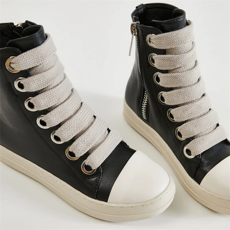Fast Shipping Round Toe High Top Board Sneakers Black Leather Casual Winter Shoes Women Zip Ankle Lace up Motorcycle Boots