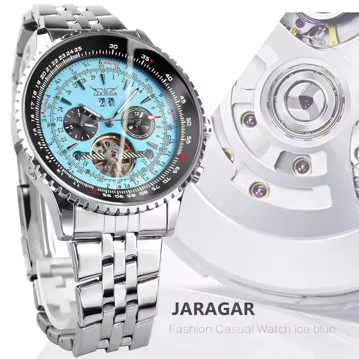 Jaragar Mens Automatic Mechanical Watch Fashion Tourbillon Blue Dial Date Display Stainless Steel Strap Sport Watches Men