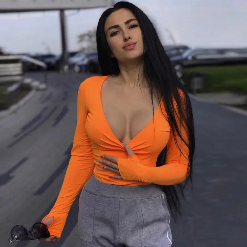 Orange Neon Bodysuit Women Long Sleeve Bodycon Sexy 2025 Autumn Winter Streetwear Club Party Outfits Casual Female Clothing