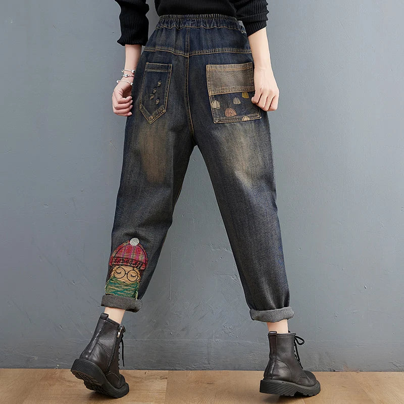 6537 Cartoon Litter Girl Embroidery Denim Pants For Women Trendy Hole Casual High Waist Breeches Pockets Mom Harem Blue Jeans