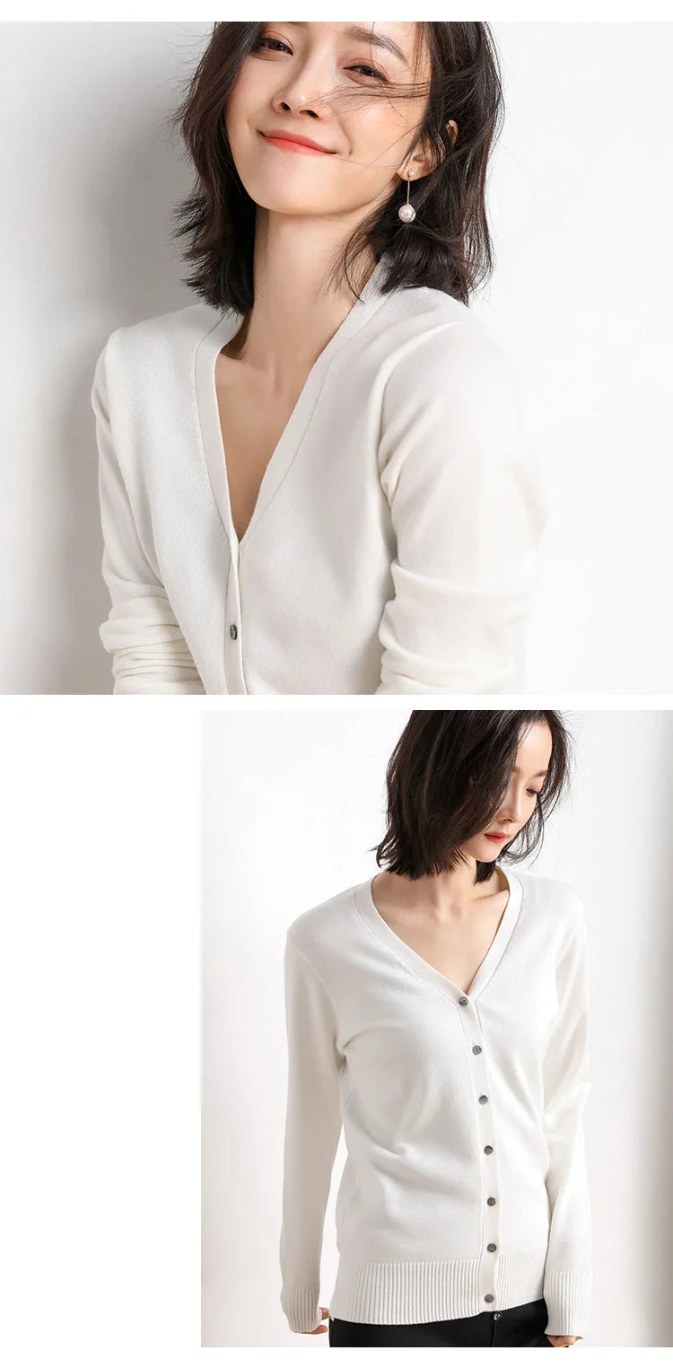 2025 Women Cardigans Long Sleeve Knitted Outerwear Solid Thin Spring Autumn Sweaters V-neck Knitwears Korean Fashion Cardigans