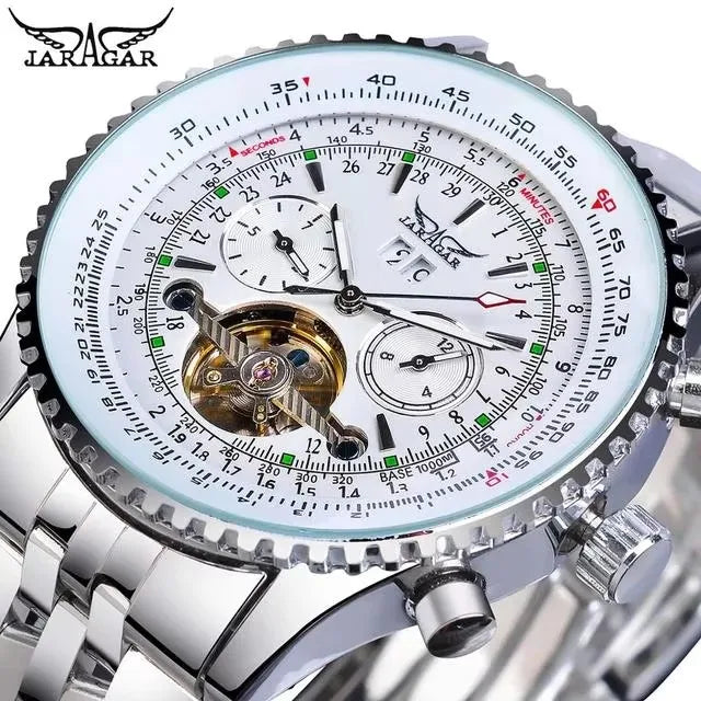 Jaragar Mens Automatic Mechanical Watch Fashion Tourbillon Blue Dial Date Display Stainless Steel Strap Sport Watches Men