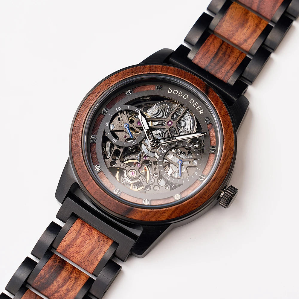 Premium Skeleton Wooden Mechanical Watch Personalized Automatic Timepiece Handmade Wood and Steel Wristwatch for Men's Gift