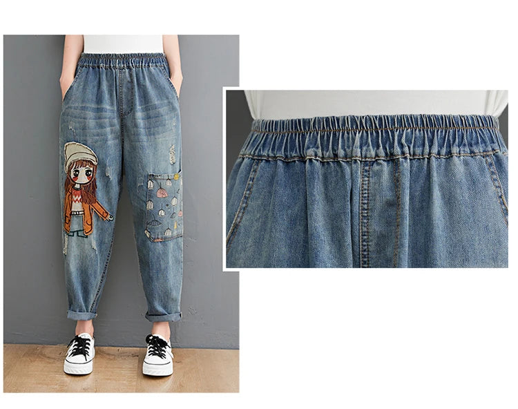 6537 Cartoon Litter Girl Embroidery Denim Pants For Women Trendy Hole Casual High Waist Breeches Pockets Mom Harem Blue Jeans