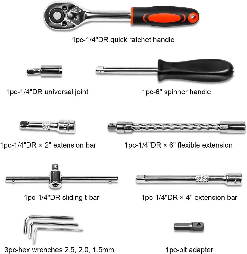46PCS Master Mechanic Tool Kit with 3/8" Ratchet, SAE/Metric Sockets, Torx/Hex Bits, Extension Bars - Professional Grade -001