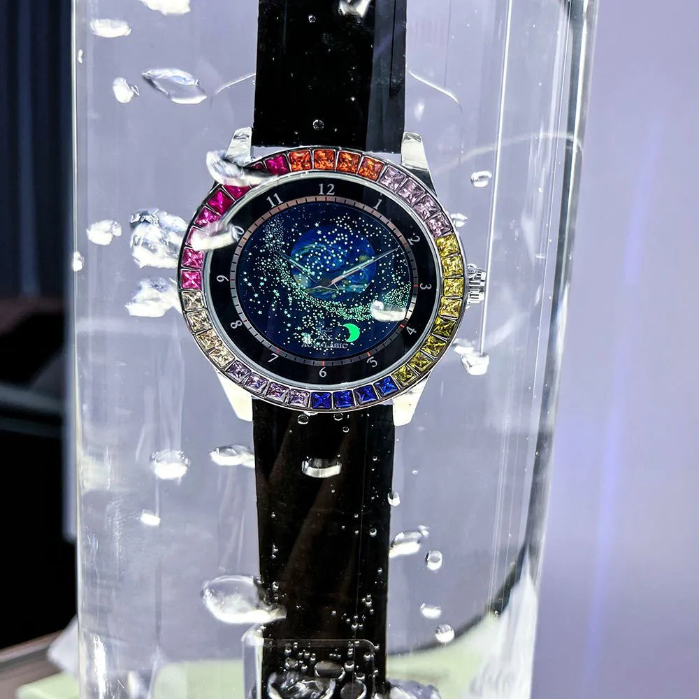 AOKULASIC Business Mechanical Watch for Men with Luminous Starry Rotating Dial Colored Diamonds