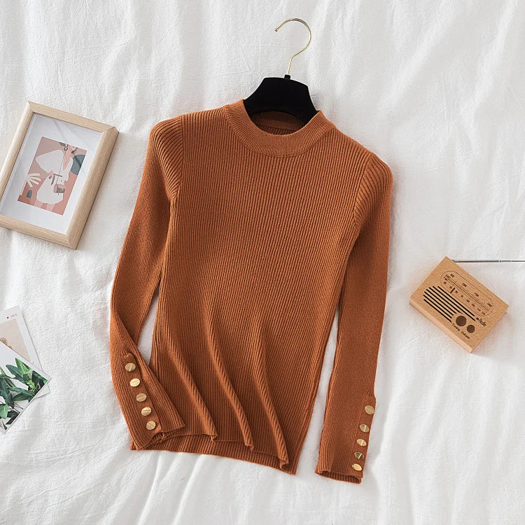 2026 women thick sweater pullovers khaki casual autumn winter button o-neck chic sweater female slim knit top soft jumper tops