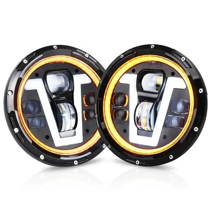 OVOVS Car Accessories 50W 7 Inch Led Headlights with V Shape DRL Turn Signal High Low Beam for Jeep Wrangler JK