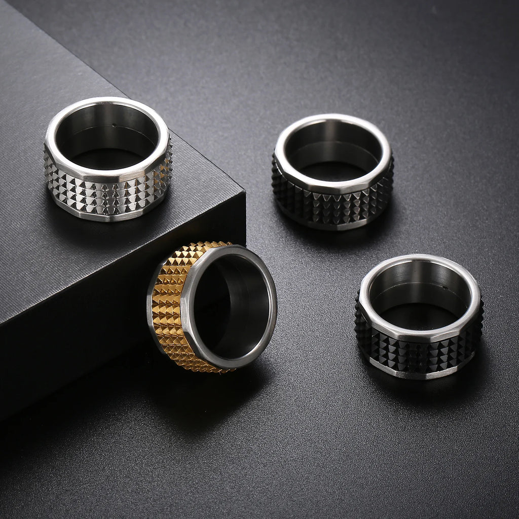 Fongten 12mm Rivet Pyramid Rings For Women Men Stainless Steel Hip Hop Anillos Hombres Classic Charm Ring Jewelry Christmas Gift
