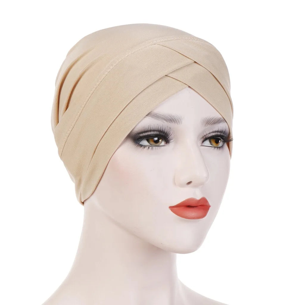 H117 Forehead criss Cross Muslim Turban Pure Color Stretch Inner Hijabs For Caps Ready To Wear Women Head Scarf Under Bonnet