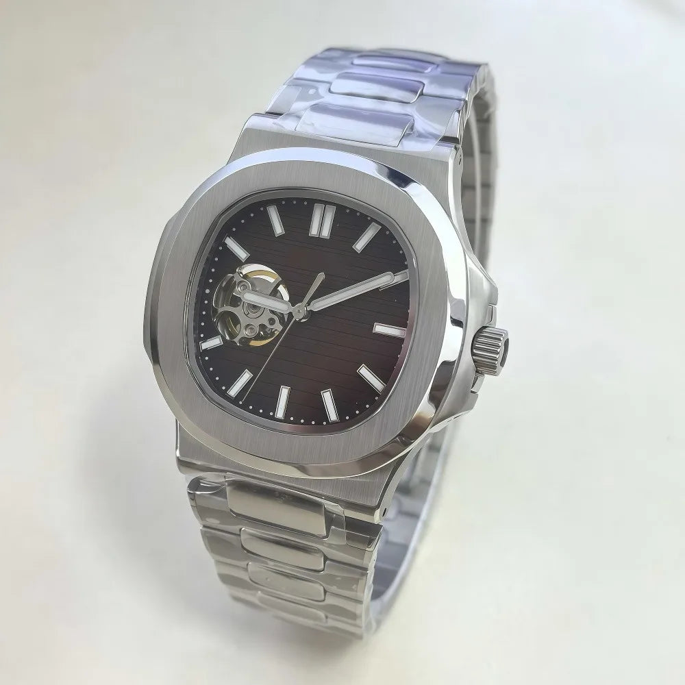 SEIKO NH38 Movement 41mm Fully Automatic Mechanical Men's Watch Hollowed-out Stainless Steel Mineral Glass 10Bar Water Resistant